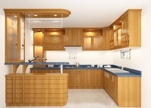 Tủ bếp trên làm bằng gỗ tự nhiên , mang màu sắc nâu vàng